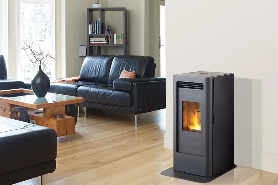 A Regency Greenfire GF40 pellet stove burning in a bright modern living room (manufacturer photo)