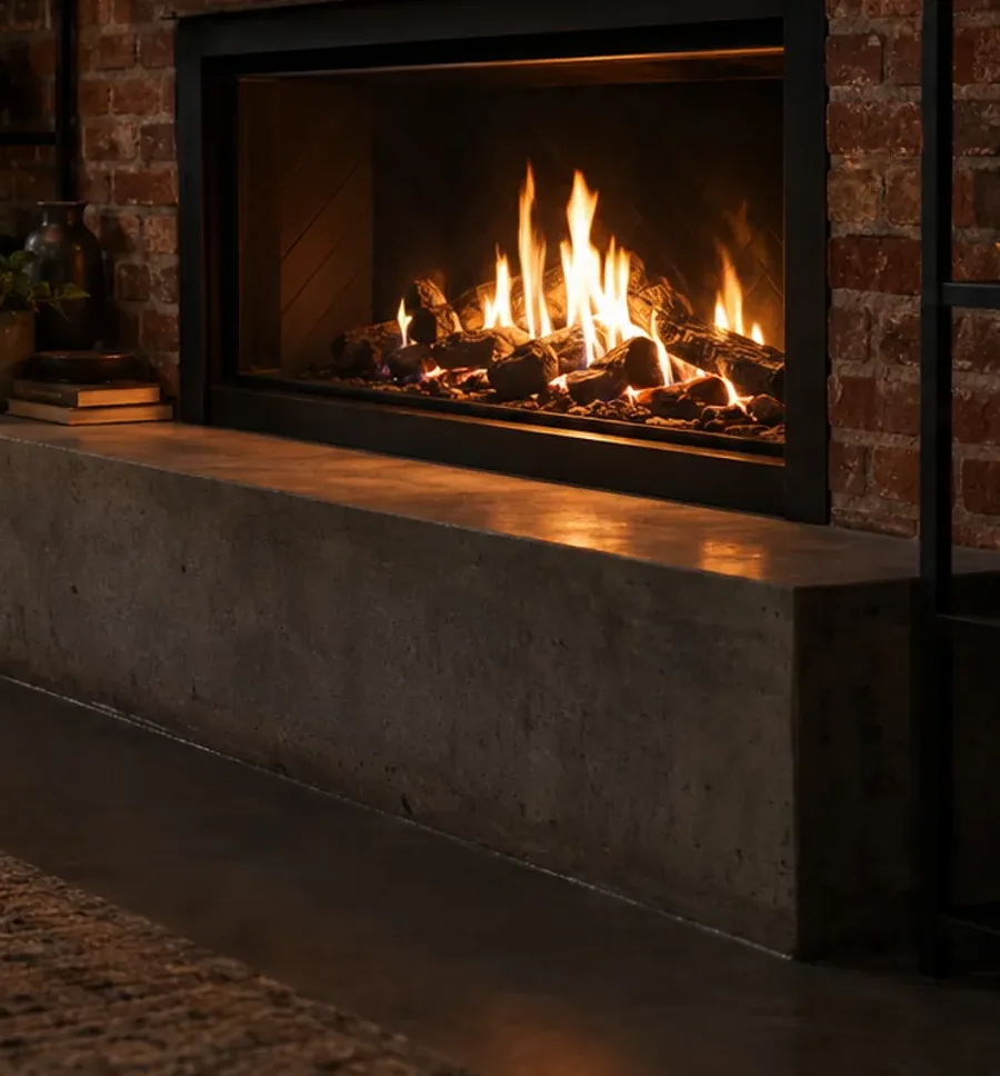 A linear gas fireplace burning in a brick wall over a concrete hearth