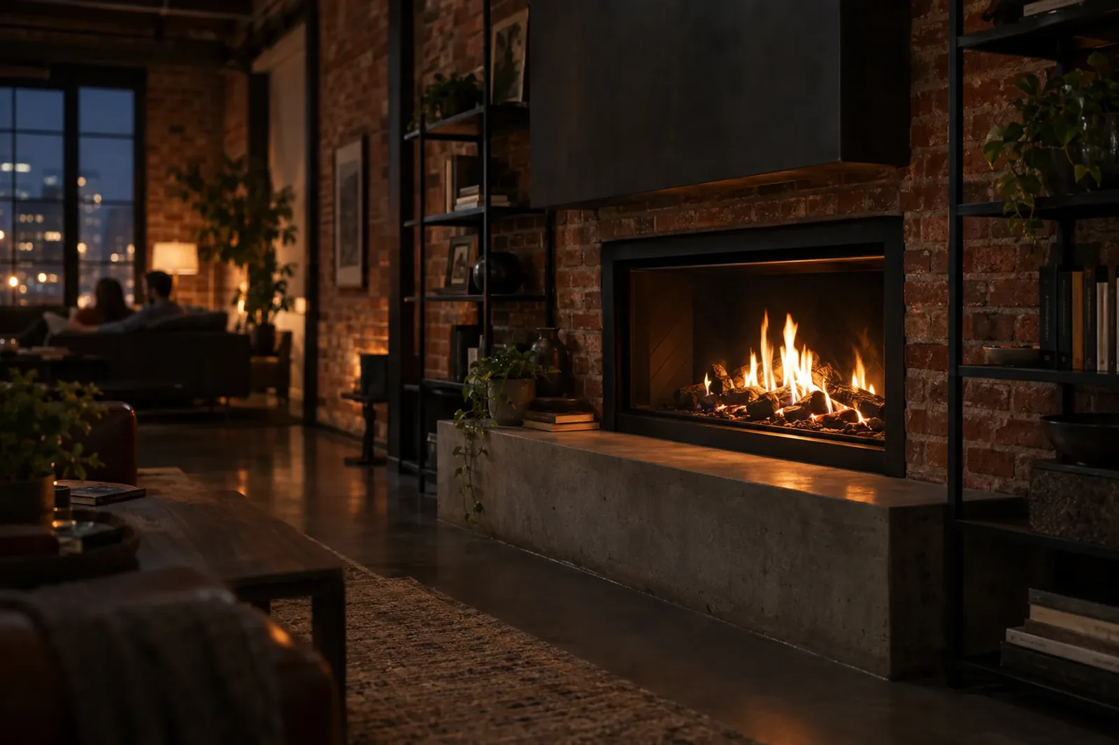 A linear gas fireplace burning in a brick wall over a concrete hearth, the room dark around it