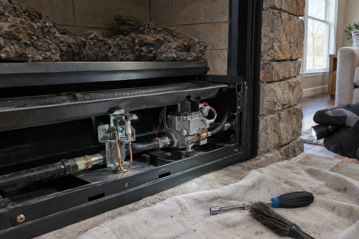 A gas fireplace insert with its lower panel open for service, a multimeter on the hearth