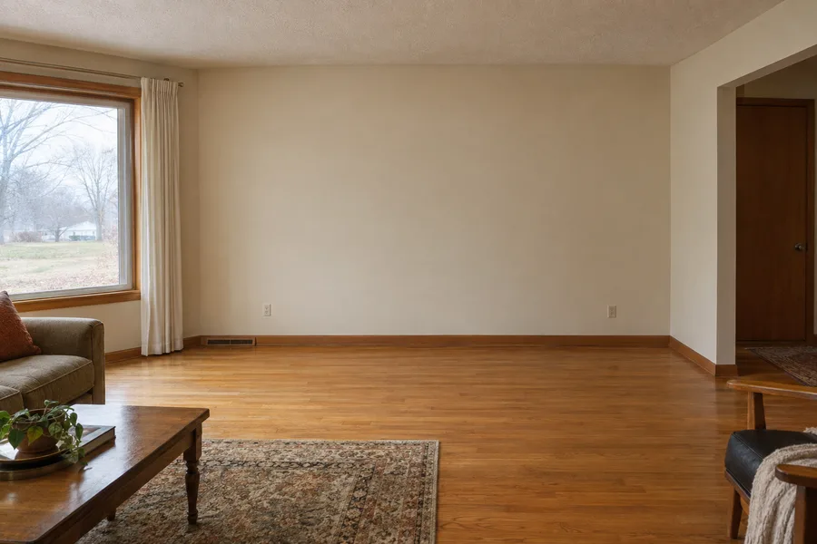 An empty living-room wall in an older Indiana home