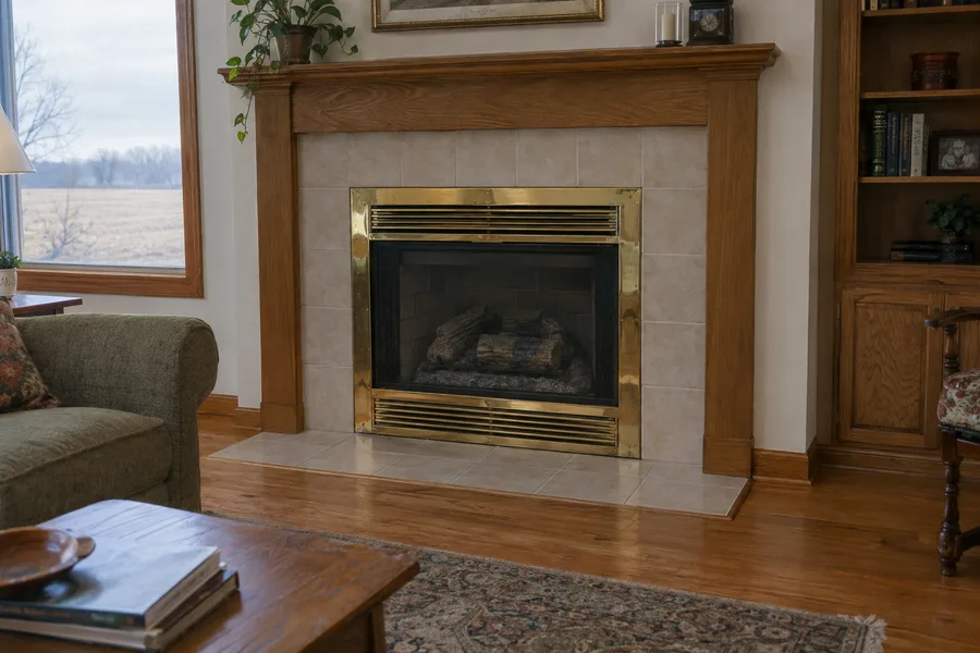 A dated brass-trimmed gas fireplace in a tiled surround
