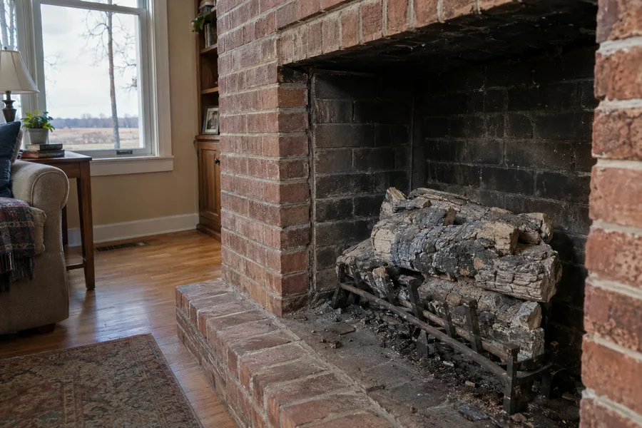 A sooty brick fireplace with an old gas log set