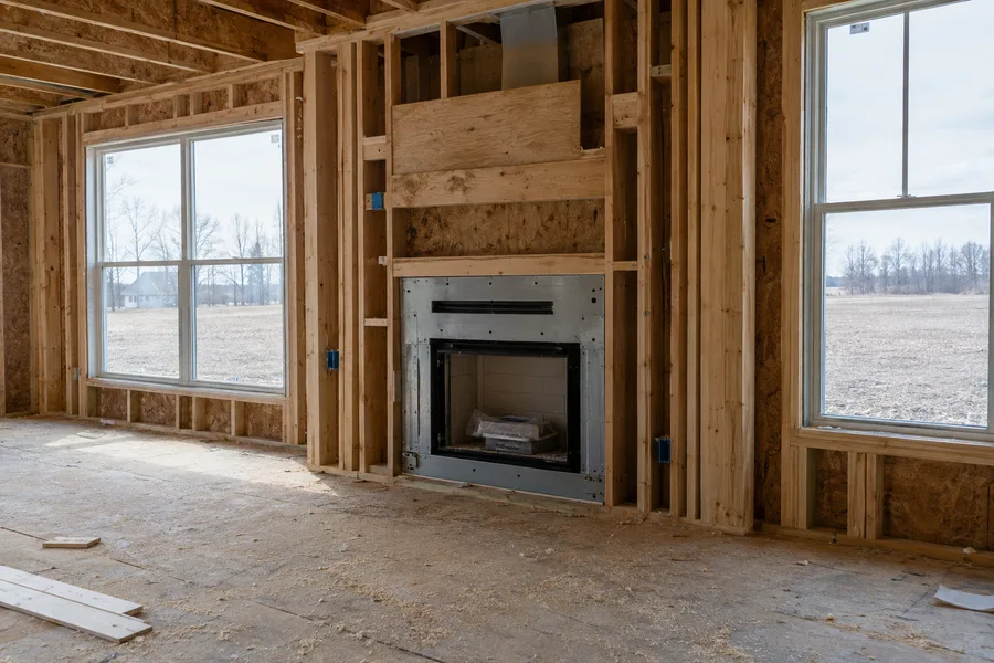 A fireplace box framed into a new wall, plywood and studs, flat fields through the window