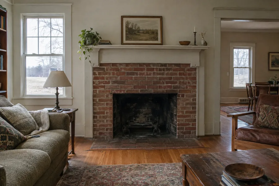 An open brick fireplace in an Indiana living room in winter light