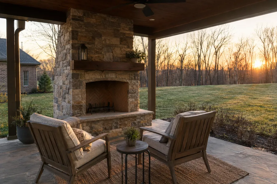A stone fireplace on a covered patio at sunset over a flat Indiana field