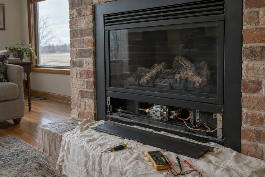 A gas fireplace insert with its lower panel open for service