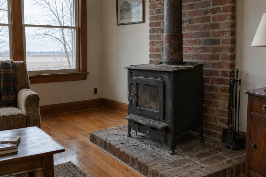 An old black wood stove on a brick hearth beside a window